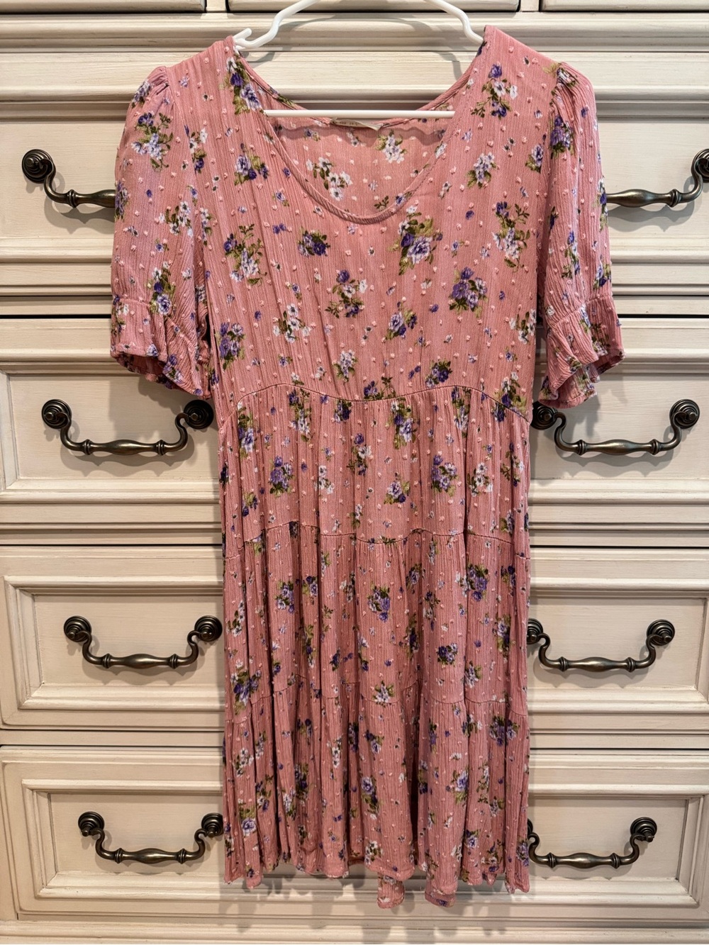 Pink Floral Tiered Short Sleeve Dress